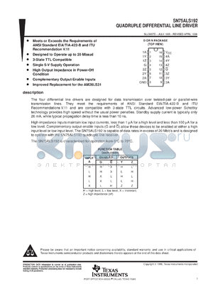 SN75ALS192NS datasheet - QUADRUPLE DIFFERENTIAL LINE DRIVER