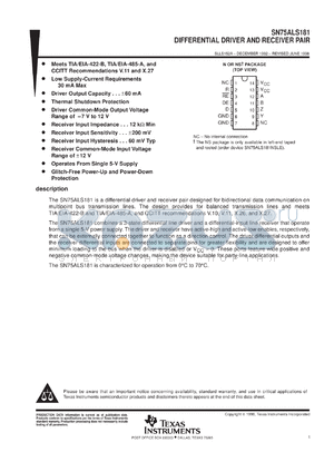 SN75ALS181NS datasheet - DIFFERENTIAL DRIVER AND RECEIVER PAIR