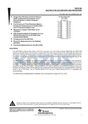 SN75196DWR datasheet - MULTIPLE RS-232 DRIVER AND RECEIVER