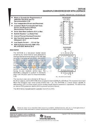 SN75186DWR datasheet - QUADRUPLE DRIVER/RECEIVER WITH LOOPBACK