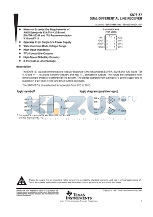 SN75157PSLE datasheet - DUAL DIFFERENTIAL LINE RECEIVER