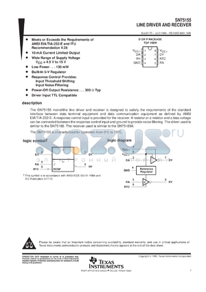 SN75155JG datasheet - LINE DRIVER AND RECEIVER