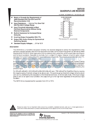 SN75154DR datasheet - QUADRUPLE DIFFERENTIAL LINE RECEIVER