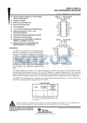 SN75115NS datasheet - DUAL DIFFERENTIAL LINE RECEIVER