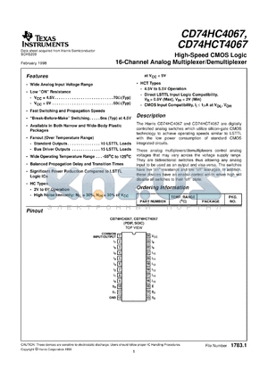 CD74HC4067E datasheet - HIGH SPEED CMOS LOGIC 16-CHANNEL ANALOG MULTIPLEXER/DEMULTIPLEXER