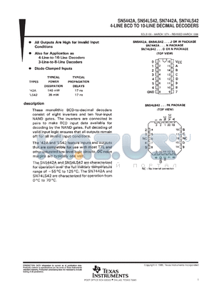 SN74LS42DR datasheet - 4-LINE BCD TO 10-LINE DECIMAL DECODERS