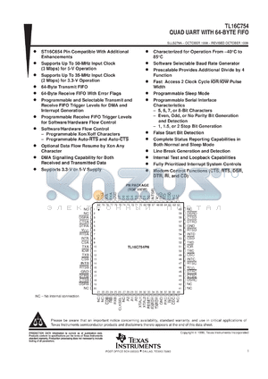 TL16C754PNR datasheet - QUAD UART WITH 64-BYTE FIFOS, AUTO FLOW CONTROL, LOW-POWER MODES