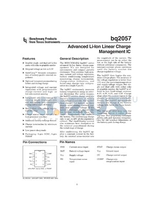 BQ2057CSN-C1 datasheet - ADVANCED LI-ION LINEAR CHARGE MANAGEMENT IC