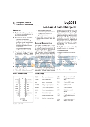 BQ2031PN-A5 datasheet - CHARGE MANAGEMENT WITH PWM SWITCHING CONTROLLER AND USER-SELECTABLE ALGORITHMS