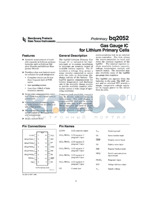BQ2052SN-A515TR datasheet - GAS GAUGE WITH HIGH SPEED 1-WIRE (HDQ) INTERFACE AND 3 PROGRAMMABLE LED PATTERNS