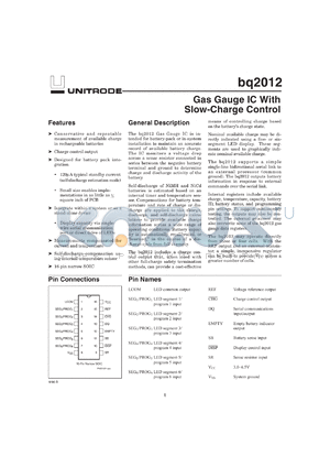 BQ2012SN-D107 datasheet - GAS GAUGE WITH 1-WIRE (DQ) INTERFACE, 5 LED DRIVERS AND SLOW CHARGE CONTROL