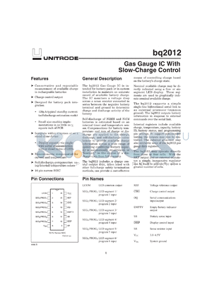 BQ2012SN-D107TR datasheet - GAS GAUGE WITH 1-WIRE (DQ) INTERFACE, 5 LED DRIVERS AND SLOW CHARGE CONTROL