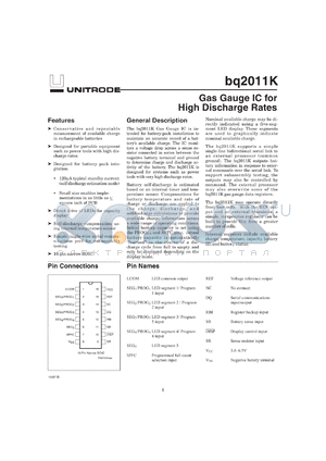 BQ2011KSN-D121 datasheet - GAS GAUGE FOR HIGH DISCHARGE RATES ()5A), SMALL PACK CAPACITIES ((2AH), (5 MOHM SENSE RESISTOR WITH