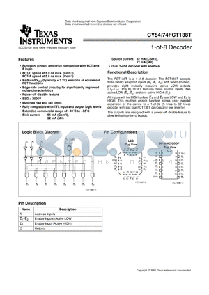 CY74FCT138TQC datasheet - 1-OF-8 DECODER