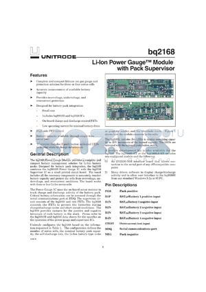 BQ2168B-005 datasheet - GAS GAUGE MODULE WITH LEDS, SWITCH, AND PACK SUPERVISOR, BQ2050H AND BQ2058 BASED