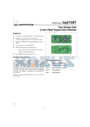 BQ2158TB-002 datasheet - TWO SERIES CELL PACK SUPERVISOR MODULE, BQ2058T BASED