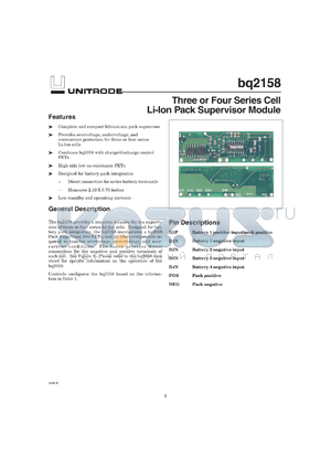 BQ2158B-002 datasheet - THREE OR FOUR SERIES CELL PACK SUPERVISOR MODULE, BQ2058 BASED