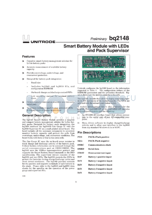 BQ2148LMODULE datasheet - SMART BATTERY GAS GAUGE MODULE WITH LEDS, SWITCH, AND PACK SUPERVISOR, BQ2040 AND BQ2058 BASED