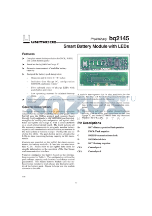 BQ2145MODULE datasheet - SMART BATTERY GAS GAUGE MODULE WITH LEDS AND SWITCH, BQ2945 BASED
