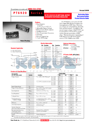 PT6922A datasheet - 3.3/2.5VOUT 25W 5V-INPUT ADJUSTABLE DUAL OUTPUT ISR