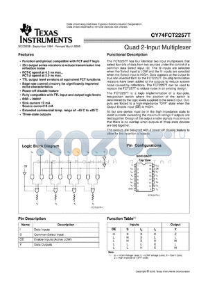 CY74FCT2257ATQC datasheet - QUADRUPLE 1-OF-2 DATA SELECTORS/MULTIPLEXERS WITH 3-STATE OUTPUTS AND SERIES DAMPING RESISTORS