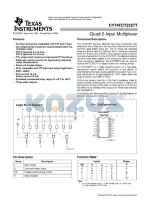 CY74FCT2257CTQC datasheet - QUADRUPLE 1-OF-2 DATA SELECTORS/MULTIPLEXERS WITH 3-STATE OUTPUTS AND SERIES DAMPING RESISTORS