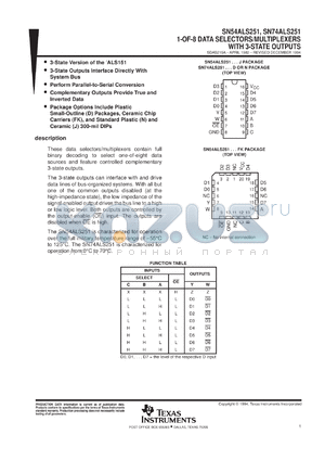 SNJ54ALS251FK datasheet - 1-OF-8 DATA SELECTORS/MULTIPLEXERS WITH 3-STATE OUTPUTS