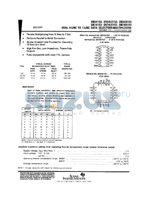 SNJ54S153FK datasheet - DUAL 4-LINE TO 1-LINE DATA SELECTORS/MULTIPLEXERS
