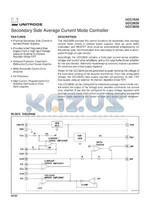 UCC3839DTR datasheet - SECONDARY SIDE AVERAGE CURRENT MODE CONTROLLER