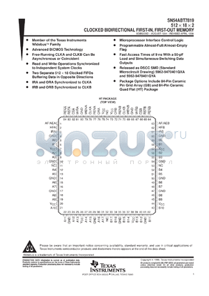 SNJ54ABT7819GB datasheet - 512 X 18 X 2 SYNCHRONOUS BIDIRECTIONAL FIFO MEMORY