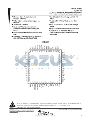 SN74ACT7811-15PN datasheet - 1024 X 18 SYNCHRONOUS FIFO MEMORY