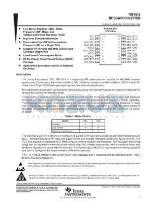 TRF1015IDB datasheet - RECEIVER FRONT-END FOR 900 MHZ CELLULAR AND DIGITAL CORDLESS