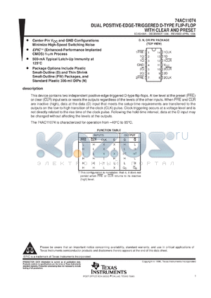 74AC11074DR datasheet - DUAL POSITIVE-EDGE-TRIGGERED D-TYPE FLIP-FLOPS WITH CLEAR AND PRESET