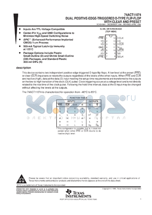 74ACT11074DBLE datasheet - DUAL POSITIVE-EDGE-TRIGGERED D-TYPE FLIP-FLOPS WITH CLEAR AND PRESET