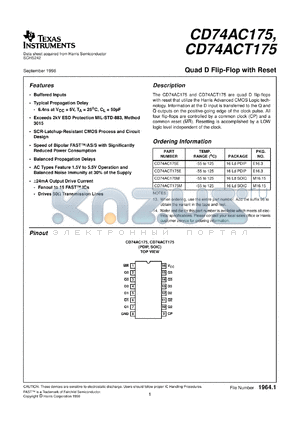 CD74AC175M96 datasheet - QUAD D-TYPE FLIP-FLOPS WITH RESET