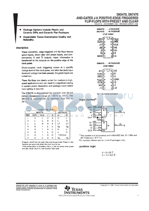 SNJ5470W datasheet - AND-GATED J-K POSITIVE-EDGE-TRIGGERED FLIP-FLOPS WITH PRESET AND CLEAR