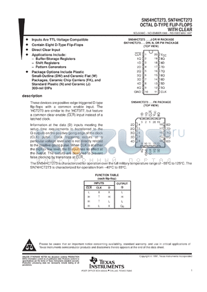 SN74HCT273PWR datasheet - OCTAL D-TYPE FLIP-FLOPS WITH CLEAR