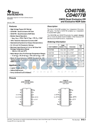 CD4070BF3A datasheet - CMOS QUAD EXCLUSIVE-OR GATE