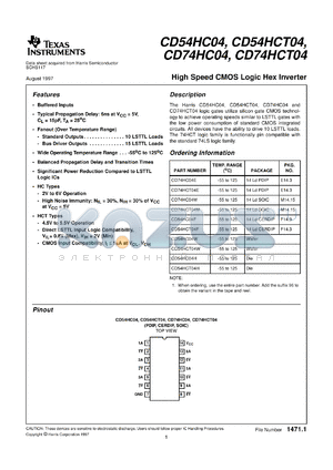 CD74HCT04M96 datasheet - HIGH SPEED CMOS LOGIC HEX INVERTERS