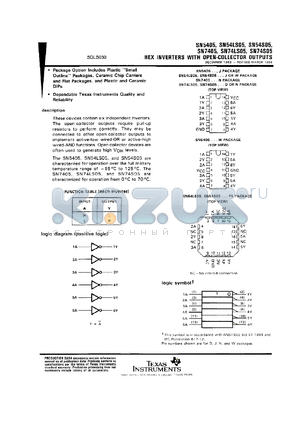 SN5405J datasheet - HEX INVERTERS WITH OPEN-COLLECTOR OUTPUTS