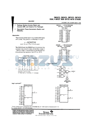 SNJ5423J datasheet - DUAL 4-INPUT NOR GATES WITH STROBE