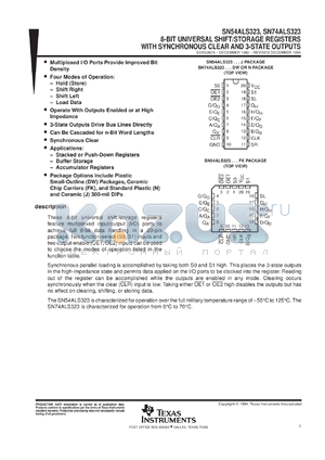 SNJ54ALS323J datasheet - 8-BIT UNIVERSAL SHIFT/STORAGE REGISTERS WITH SYNCHRONOUS CLEAR AND 3-ST OUTPUTS