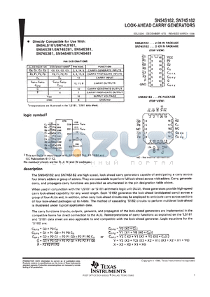 SNJ54S182FK datasheet - LOOK-AHEAD CARRY GENERATORS