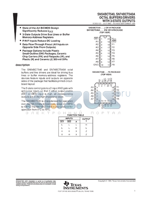 SNJ54BCT540W datasheet - OCTAL BUFFERS/DRIVERS WITH 3-STATE OUTPUTS