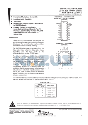 SN74HCT623DWR datasheet - OCTAL BUS TRANSCEIVERS WITH 3-STATE OUTPUTS