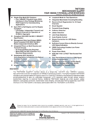 TNETE2004PGJ datasheet - 10 BASE-T QUAD PHYSICAL LAYER DEVICE WITH MDIO