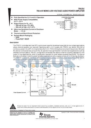 TPA701MSOPEVM datasheet - 700-MW LOW-VOLTAGE AUDIO POWER AMP