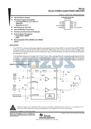 TPA122MSOPEVM datasheet - 150 MW STEREO AUDIO POWER AMPLIFIER