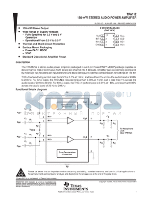 TPA112DGNR datasheet - 150 MW STEREO AUDIO POWER AMPLIFIER