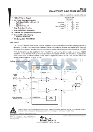 TPA102DGNR datasheet - 150 MW STEREO AUDIO POWER AMPLIFIER